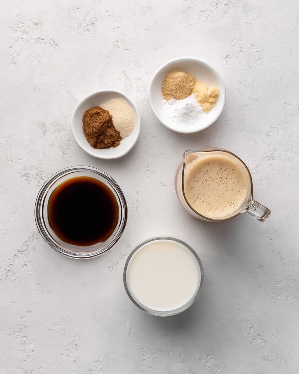 The image shows five small containers with different ingredients on a white marbled surface. At the center bottom, there is a small glass bowl filled with white milk. To its right, there is a glass jug with light brown coffee foam on top. Above the milk, there is a white bowl holding small piles of light brown sugar, yellow powder, and dark brown powder. To the left of the milk, there is a clear glass bowl filled with dark brown syrup. The arrangement is neat and spaced evenly. photo taken with an iphone --ar 4:5 --v 7