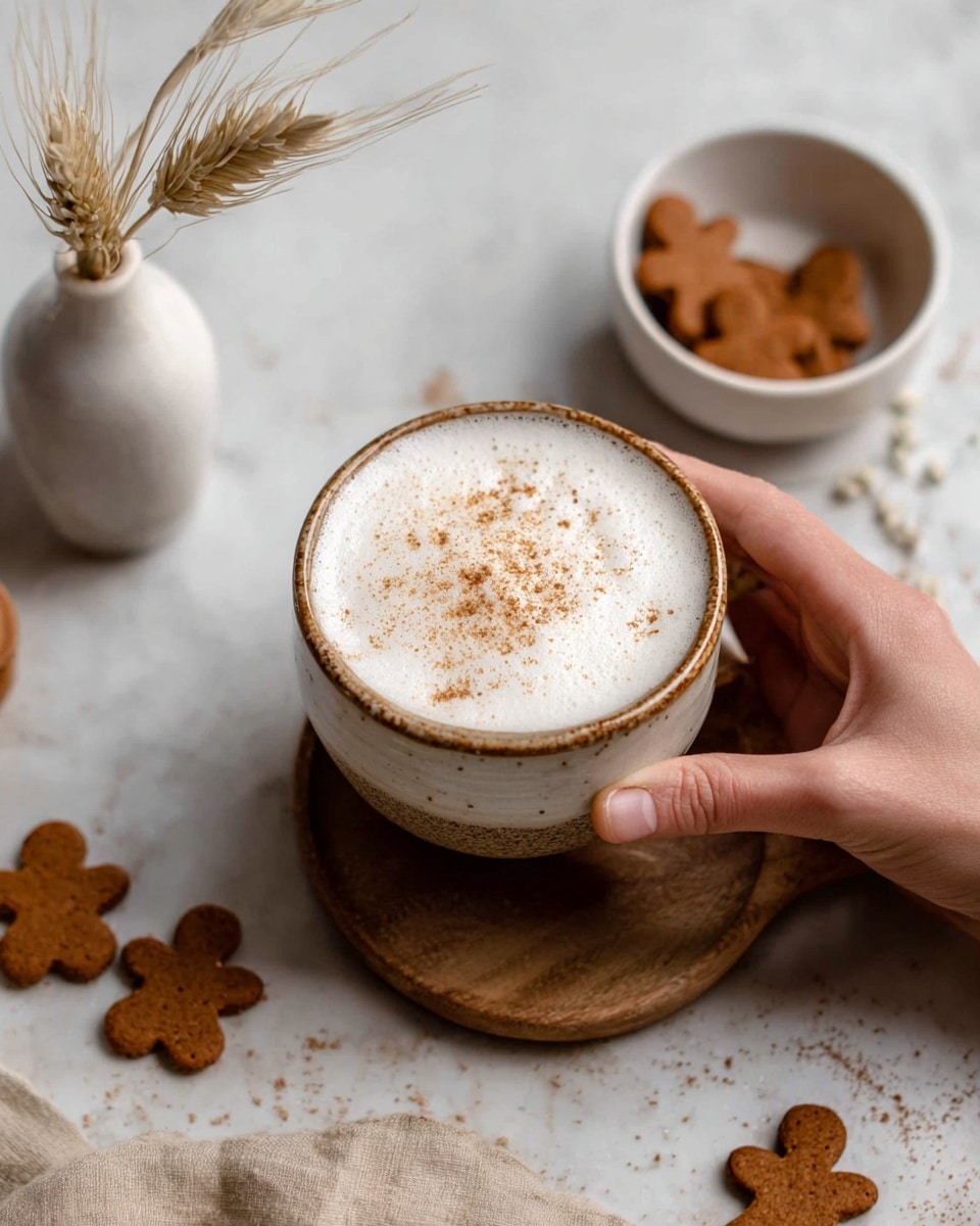 A woman's hand holding a round cup filled with a frothy white drink topped with a light sprinkle of brown spice, possibly cinnamon. The cup sits on a small wooden board, and around it are several small brown gingerbread-shaped cookies, some directly on a white marbled surface and others inside a white bowl. To the side, a white vase holds a single wheat stalk. The overall image has warm, cozy tones with soft lighting. photo taken with an iphone --ar 4:5 --v 7