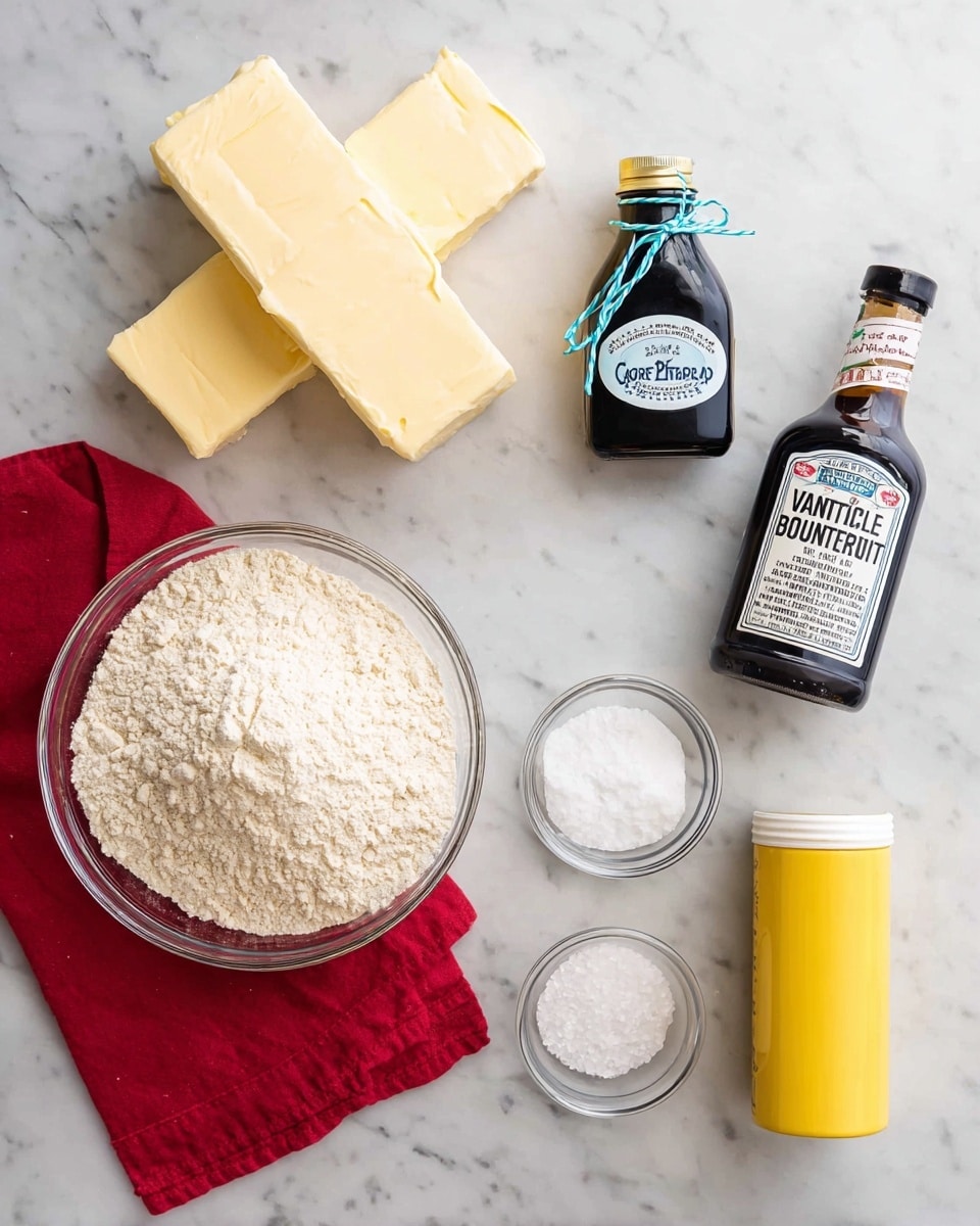 This image shows a top view of baking ingredients neatly placed on a white marbled surface. At the bottom left is a clear glass bowl filled with pale beige flour, resting on a red cloth. Above it are two sticks of pale yellow unsalted butter, stacked horizontally. To the right of the butter, there is a small dark glass bottle of vanilla extract with a white label and blue string tied around its neck. Next to the vanilla bottle is a small clear glass dish with white powdered sugar. Below that is a clear salt shaker filled with white salt. At the bottom right, there is a yellow container of corn starch with a white lid standing upright. The setup is clean and simple, showing all ingredients clearly and separately photo taken with an iphone --ar 4:5 --v 7