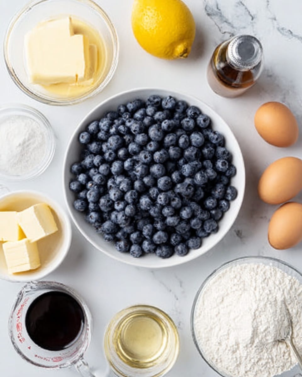 A white bowl filled with fresh, plump blueberries sits in the center of a white marbled surface. Around it are various ingredients placed neatly: a small glass bowl of pale yellow butter, two brown eggs beside a glass measuring cup with clear liquid, a small jar of dark vanilla extract, a white bowl of light brown sugar, and another white bowl holding white flour. A yellow lemon is placed near the top center, balancing the arrangement. The colors are soft and natural with textures varying from smooth liquid, powdery flour, and solid butter. Photo taken with an iphone --ar 4:5 --v 7