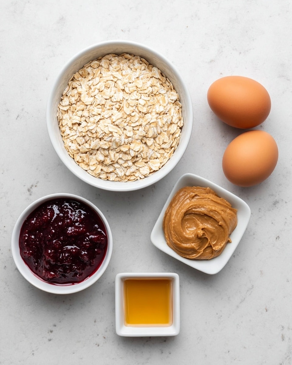 The image shows five items arranged on a white marbled surface: a white bowl filled with light beige rolled oats in the center, two brown eggs to the top right, a white bowl with light brown smooth peanut butter to the bottom right, a white square dish with golden honey to the bottom left, and a white bowl with dark reddish-purple fruit jam to the top left. Each item is clearly separated, displaying its natural texture and color. photo taken with an iphone --ar 4:5 --v 7