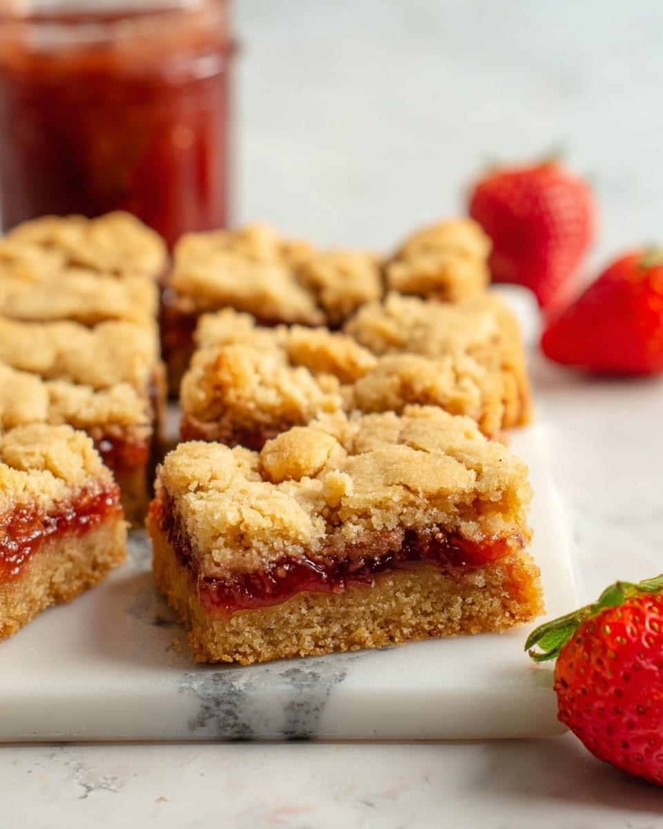 The image shows a close-up of a square-shaped bar dessert cut into smaller squares, arranged neatly on a white marbled surface. The dessert has two visible layers: a soft, crumbly golden-brown cookie layer on top with uneven texture, and a thin, bright red strawberry jam filling peeking through the cracks between the cookie pieces. In the background, there is a small glass jar filled with the same red jam and a few fresh strawberries placed near the edges of the image. The focus is on the dessert with a slightly blurred background, highlighting the rich textures and colors of the cookie and jam. photo taken with an iphone --ar 4:5 --v 7