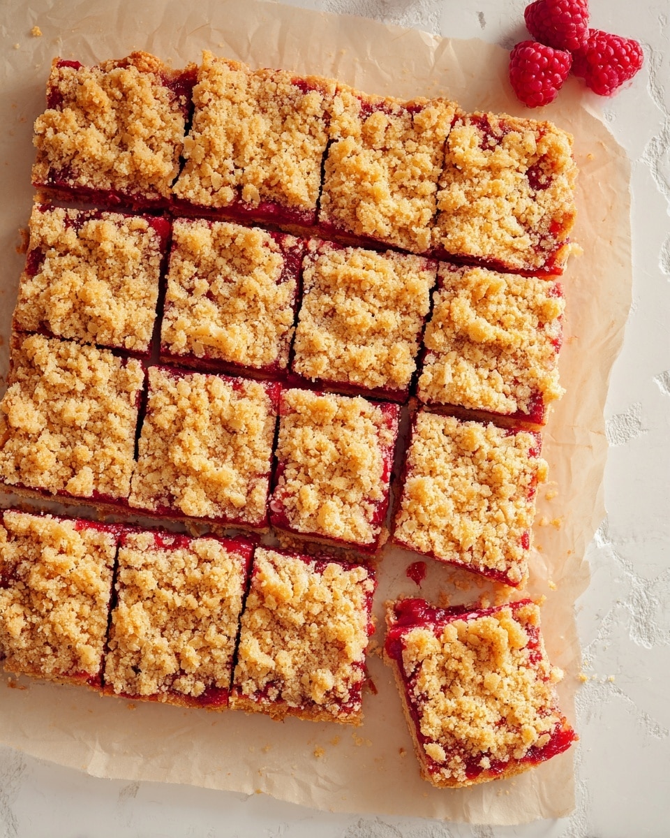 A square-shaped dessert bar is displayed on parchment paper over a white marbled surface. The dessert is cut into 15 rectangular pieces arranged in a neat grid with one piece slightly separated at the bottom right corner. It has three visible layers: the bottom layer is a light golden crust, the middle layer is bright red and gooey, likely a berry filling, and the top layer is a crumbly, coarse streusel with a mix of golden brown oats and small crumbs all over. Two fresh raspberries sit near the top right corner enhancing the berry theme. Photo taken with an iphone --ar 4:5 --v 7