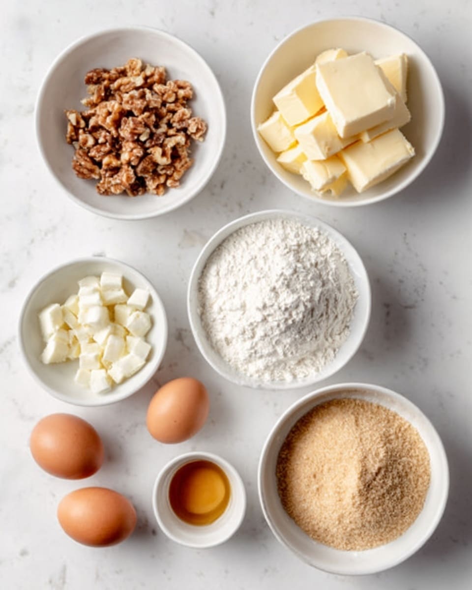 The image shows six white bowls and two eggs placed on a white marbled surface. The top left bowl contains small brown chopped nuts. To the top right, a bowl holds several rectangular pieces of pale yellow butter. In the center, a bowl is filled with fine white flour. Below it, a bowl is filled with light brown soft sugar. On the bottom left, a bowl contains small white chunks, and near the center bottom, there is a small bowl with light brown liquid, likely vanilla extract. Two brown eggs are arranged on the marbled surface, one near the bottom left and the other near the bottom right. Photo taken with an iphone --ar 4:5 --v 7