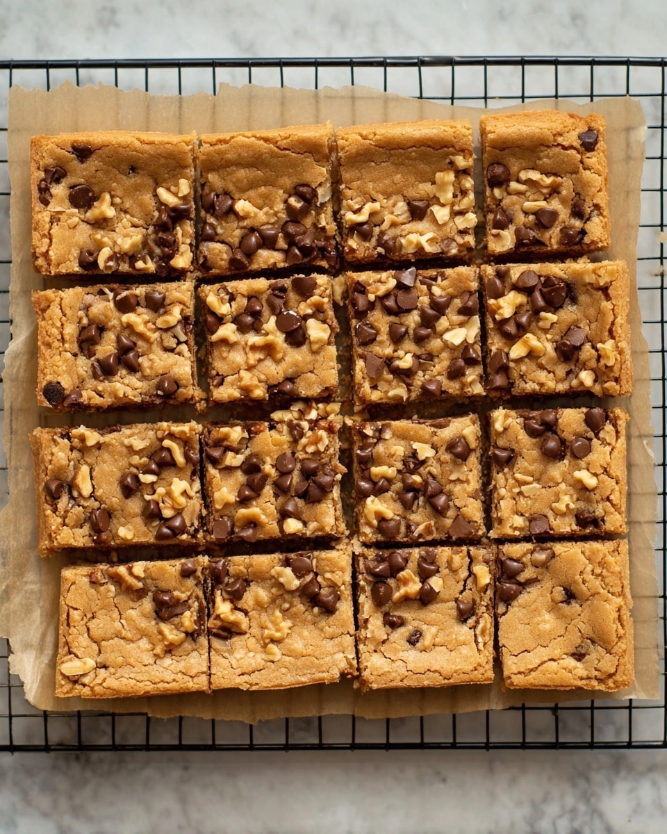 A rectangular tray with fifteen square pieces of golden-brown cookie bars, each topped with scattered dark chocolate chips and chopped light brown walnuts. The bars have a soft, slightly crumbly texture with visible cracks on the surface. The tray is lined with parchment paper on a black wire cooling rack, all placed on a white marbled surface. Photo taken with an iphone --ar 4:5 --v 7