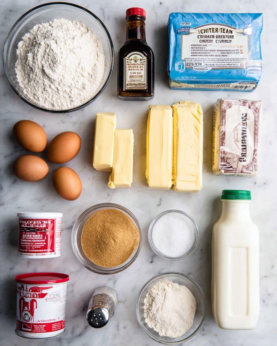 The image shows various baking ingredients arranged neatly on a white marbled surface. There are two brown eggs near the center left, next to a glass bowl filled with white flour having a soft powdery texture. Above the eggs, a dark brown bottle labeled vanilla extract sits upright. To the right of the eggs, a rectangular package of cream cheese in silver and blue wrapping is visible. Next to the cream cheese, two sticks of pale yellow unsalted butter lie flat in their wrappers, with a smaller piece of butter nearby. Below the butter, a red and white container of baking powder sits on the surface. A large glass bowl filled with light brown granulated sugar is placed next to the butter. At the bottom right, a white plastic bottle of buttermilk with a green cap stands upright. In front of the buttermilk, a small glass bowl holds white powdered sugar, and nearby, another tiny glass container holds a creamy white liquid. A yellow container of cornstarch is on the left side, and next to it is a small salt shaker with a silver lid. Near the salt shaker, a spice bottle with a red lid and brown ground cinnamon is visible. The overall arrangement highlights the ingredients’ different colors and textures clearly. Photo taken with an iphone --ar 4:5 --v 7