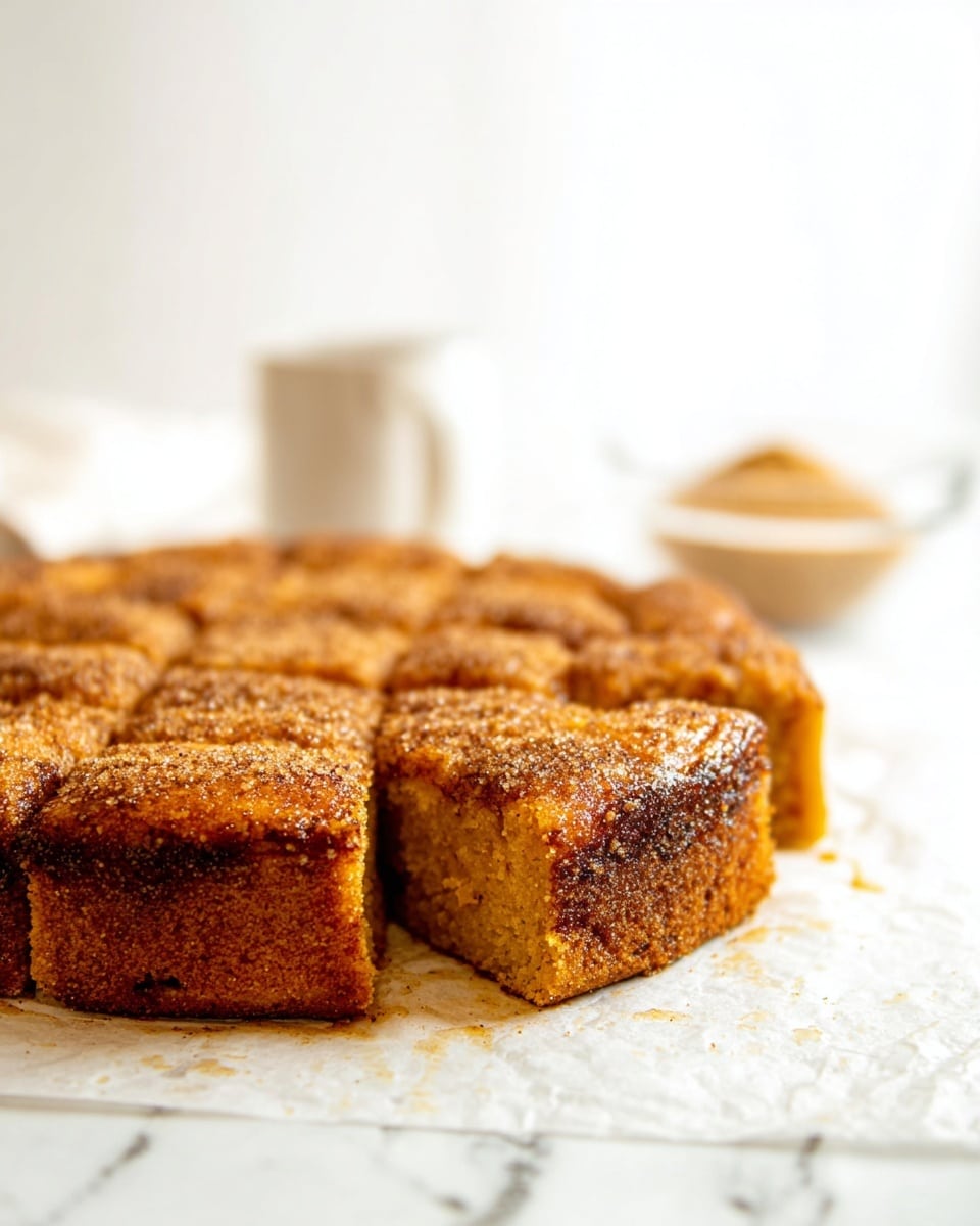 The image shows a round, golden brown cake that is cut into square pieces but still together, placed directly on white parchment paper over a white marbled surface. The cake has a crumbly, textured top layer with visible sugar or spice specks, and its sides are thick and slightly darker brown. The background is bright and mostly out of focus, with a blurred white cup and a glass bowl containing a light brown powder visible in the distance behind the cake. The light gives the cake a warm, inviting look. Photo taken with an iphone --ar 4:5 --v 7