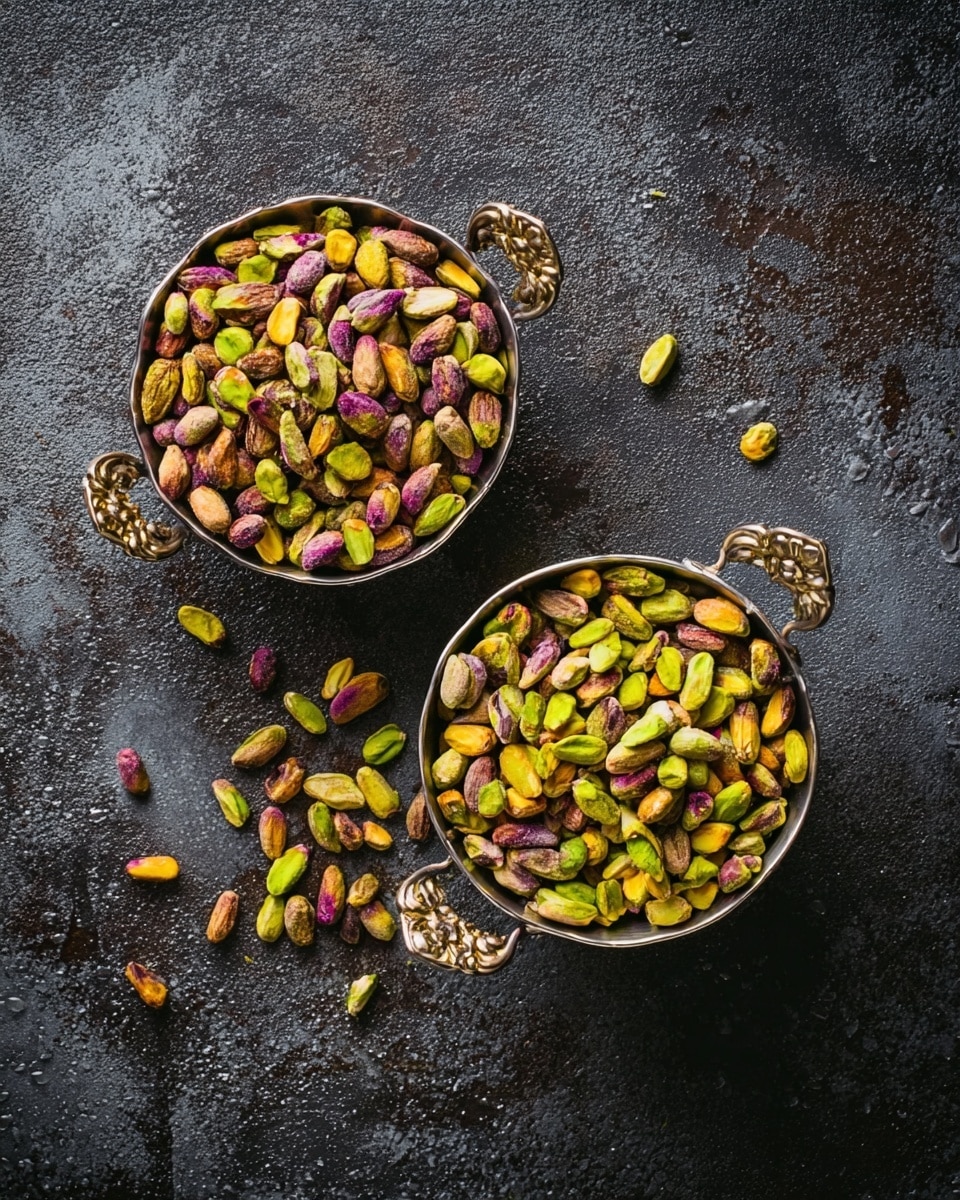 Two round metal bowls with decorative handles are placed on a dark textured surface; each bowl is full of shelled pistachios showing mixed green, yellow, and purplish-brown colors. Some loose pistachios scatter around the bowls on the surface. The background texture is rough and dark, creating contrast with the colorful nuts. photo taken with an iphone --ar 4:5 --v 7