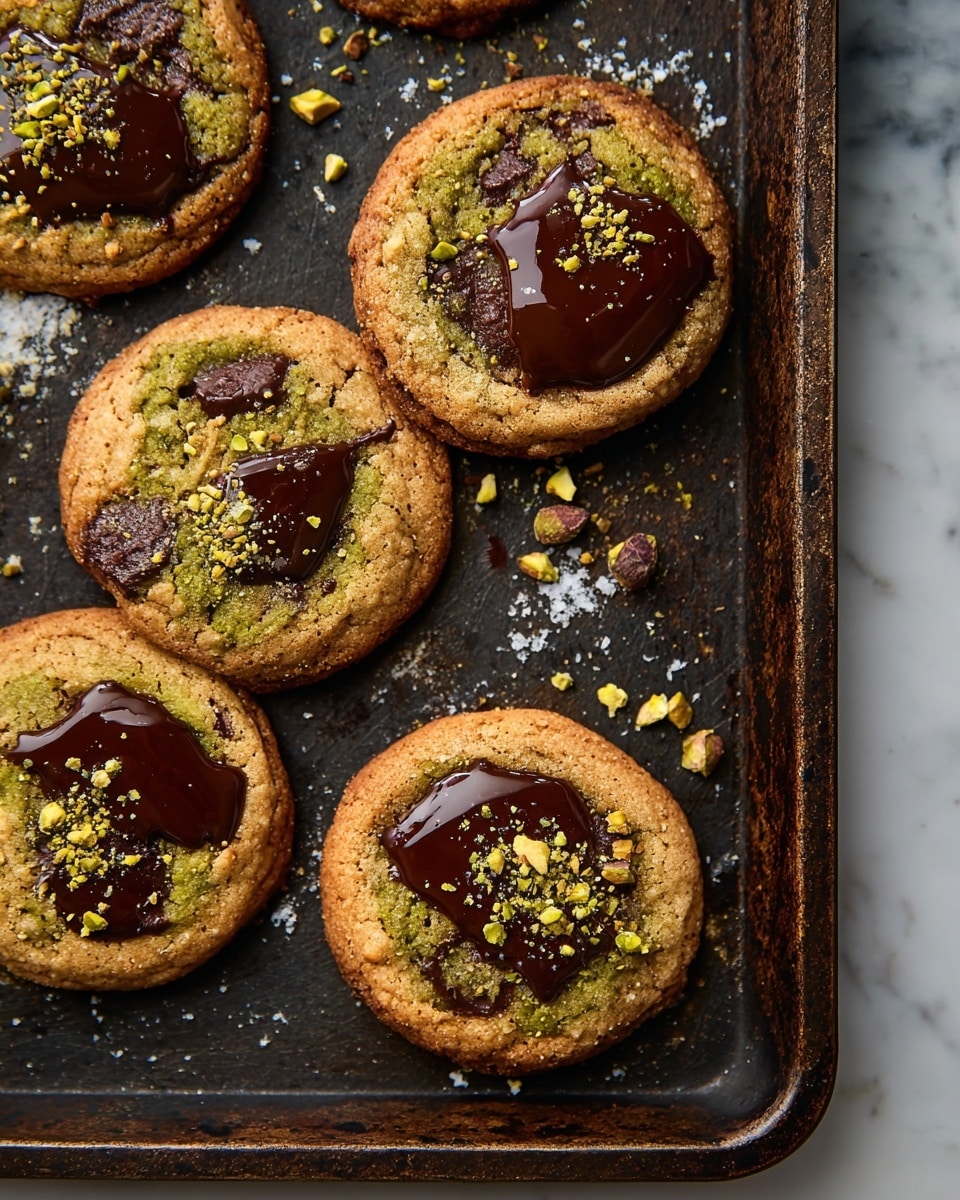 There are five round cookies on a dark baking tray with a slightly rough texture. Each cookie has a golden brown edge and a greenish center with embedded chocolate chunks. On top of each cookie, there is melted dark chocolate spreading unevenly, some forming a shiny pool on the surface. Sprinkled over the cookies and chocolate are small pieces of crushed pistachio nuts, adding a green and yellow contrast. The baking tray is placed on a white marbled surface. Photo taken with an iphone --ar 4:5 --v 7