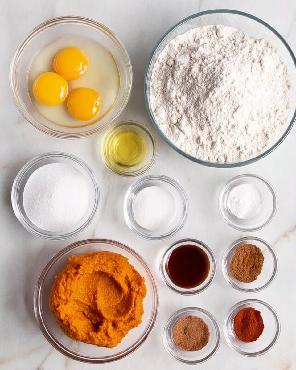 The image shows several clear glass bowls arranged on a white marbled surface, each holding different ingredients for baking. The largest bowl on the right side is filled with white flour, while a medium bowl near the top left contains four uncooked eggs with bright yellow yolks. Next to it is another bowl with a light yellow liquid, likely oil. Below these, a smaller bowl is filled with white granulated sugar, and beside it are two very small bowls holding white powdery ingredients, possibly baking soda and salt. On the bottom left is a medium bowl with thick, orange pumpkin puree. Below the flour bowl is a small bowl with a dark brown liquid, and three more small bowls line up to the right of it, containing ground spices in shades of brown and red. The bowls are all evenly spaced on the white marbled surface. photo taken with an iphone --ar 4:5 --v 7