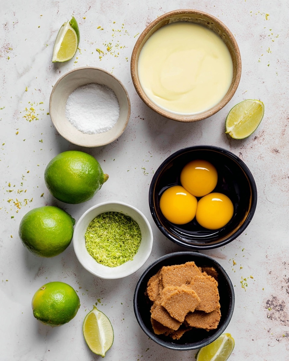 The image shows several small bowls and ingredients arranged on a white marbled surface. There are four bright yellow egg yolks in a black bowl at the middle right, a light yellow creamy liquid in a light brown bowl at the top center, and some brown crispy cookie pieces in a black bowl at the bottom left. A small white bowl holds some green lime zest near the middle, and another white bowl with white granulated sugar is at the bottom left. Three whole green limes and one half-cut lime are scattered across the surface with some lime zest pieces scattered around. Photo taken with an iphone --ar 4:5 --v 7