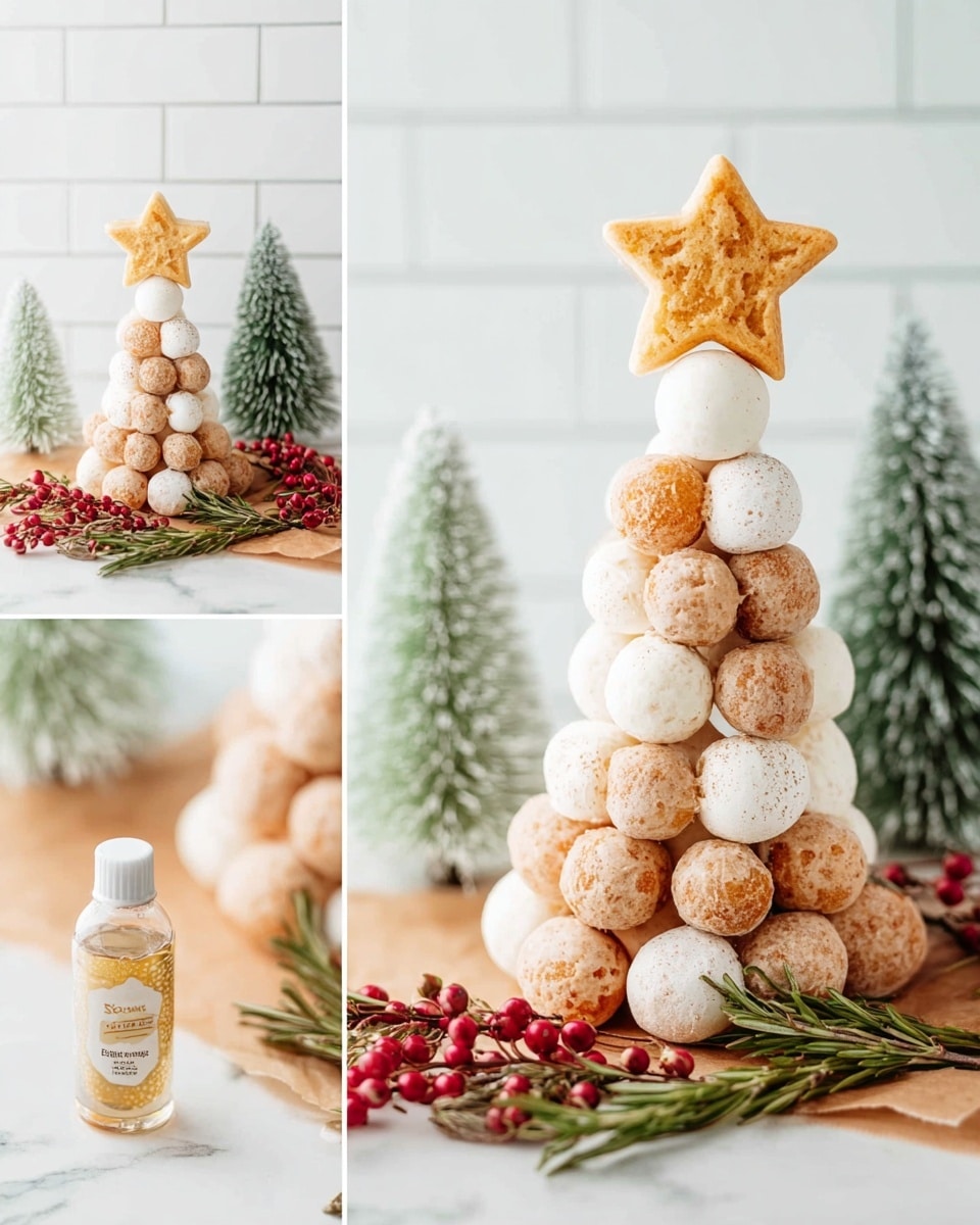 The image shows a three-layered cone-shaped tower made of round white and light brown doughnut holes, stacked closely around a white cone base placed on brown wax paper with red and green rosemary and red berries beside it on a white marbled surface. At the top of the tower, a golden star-shaped cookie sits on the doughnut holes. Nearby, there is a small clear bottle with a gold label placed in front of the tower. The background includes small green pine trees with a dusting of snow and a white subway tile wall. The scene is bright with soft natural light. Photo taken with an iphone --ar 4:5 --v 7