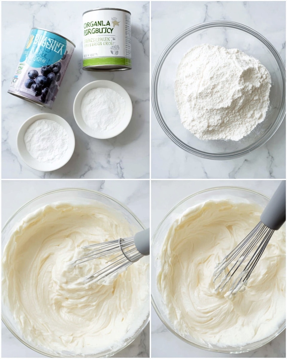 The image shows four steps of making a creamy mixture. The top left part displays a can of blueberry topping, a can of organic coconut milk, and two small white bowls with white powders and cream inside, all placed on a white marbled surface. The top right part shows a clear glass bowl holding three white ingredients: powder sugar, a thick white cream, and another powder. The bottom left part shows the mixture being beaten with an electric whisk, creating a smooth and fluffy pale cream inside the bowl. The bottom right part shows the cream being stirred with a gray spatula, displaying a soft, thick, and fluffy texture with small peaks. photo taken with an iphone --ar 4:5 --v 7