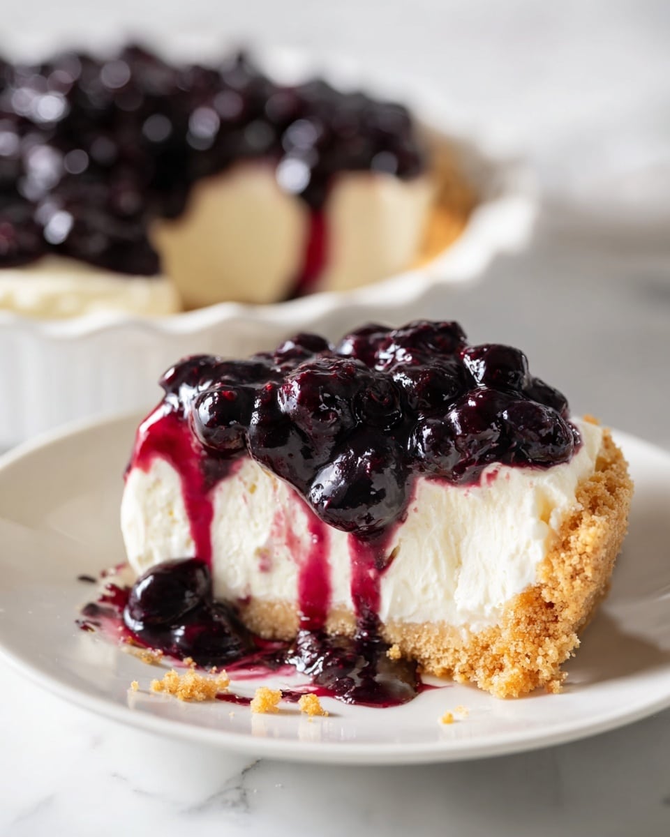 A slice of cheesecake sits on a white plate on a white marbled surface. It has three layers: a thin golden-brown crumb crust at the bottom, a thick and creamy off-white cheese middle layer, and a topping of dark purple blueberry sauce with whole, shiny blueberries. The blueberry sauce drips over the edges and pools slightly on the plate, blending with some crumbs and creamy bits. In the background, the rest of the cheesecake is in a white pie dish with the same three layers visible, and a slice missing where the piece was taken. The photo taken with an iphone --ar 4:5 --v 7