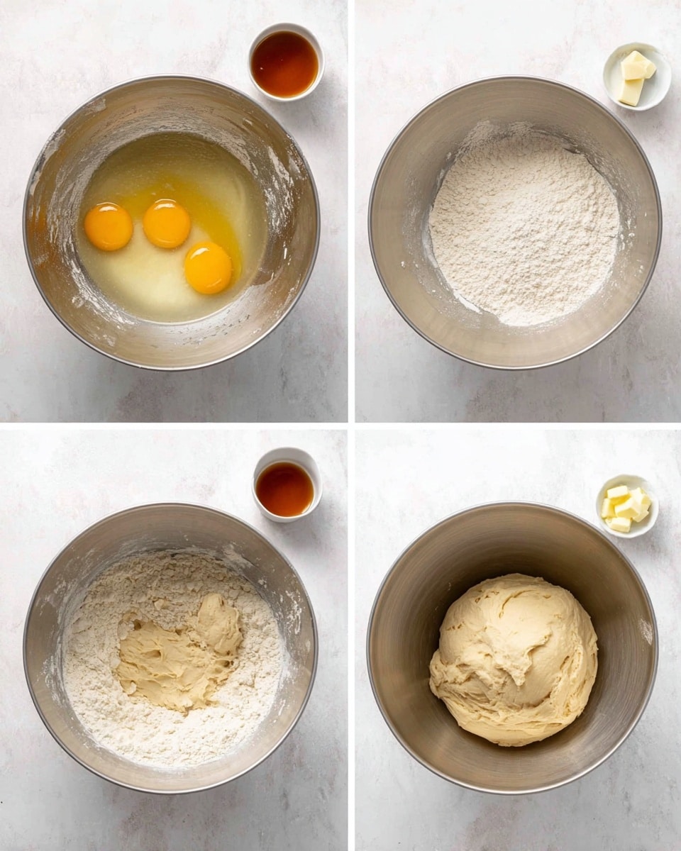 The image is a set of four photos showing the step-by-step process of making dough in a large silver metal mixing bowl placed on a white marbled surface. The first photo shows three egg yolks and some liquid in the center of the bowl with a small white dish with butter and a small cup with brown liquid placed nearby. The second photo shows dry flour and a pinch of salt added on top of the liquid mixture in the bowl. The third photo displays a rough dough with a chunk of butter on top inside the bowl. The fourth photo shows smooth, elastic dough formed and resting in the bowl. Photo taken with an iphone --ar 4:5 --v 7