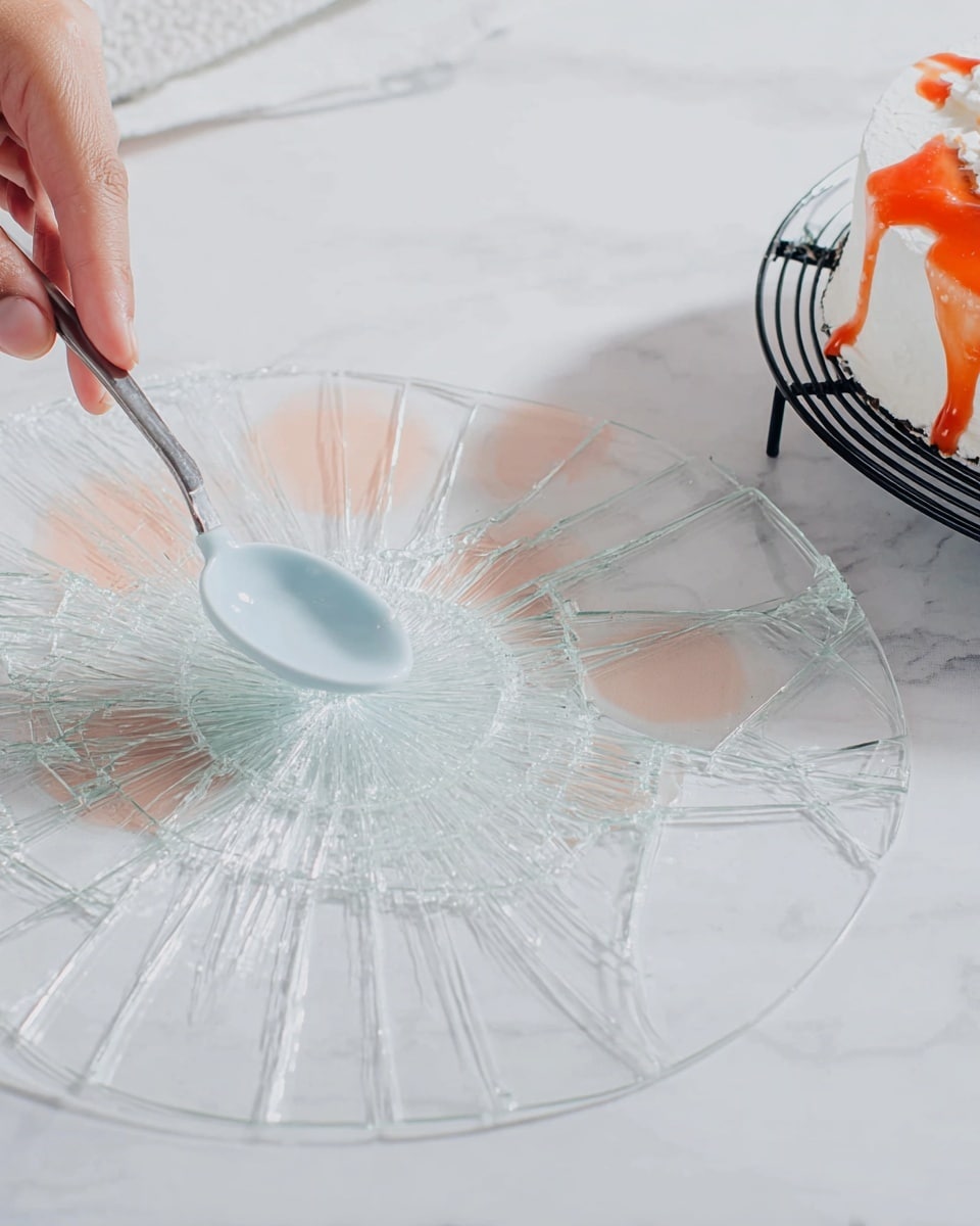 The image shows a woman's hand holding a light blue-handled spoon pressing onto a clear, broken glass plate with multiple sharp cracks radiating from the center. The glass is very transparent and smooth in texture, revealing a faint design with light peach-colored spots underneath. The background is a white marbled texture, and on the right side, there is a white plate with a dessert that has white frosting and orange sauce dripping down the side, placed on a black wire rack. Photo taken with an iphone --ar 4:5 --v 7