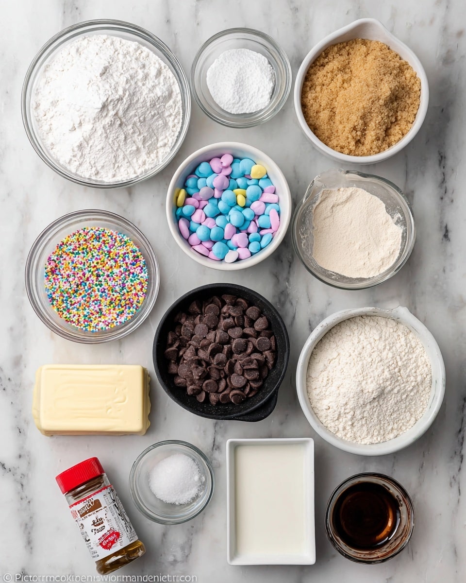The image shows a white marbled surface with 11 small white and clear glass bowls and containers arranged in a scattered pattern. There are layers of different baking ingredients in each bowl: the largest bowl at the top left holds white powdered sugar with a soft powdery texture, next to it on the right is a bowl of light brown softened brown sugar with a slightly clumpy texture. Below the powdered sugar, there is a small bowl of colorful tiny round sprinkles with bright pastel shades like pink, yellow, blue, and green. Next to it towards the center is a bowl filled with dark brown chocolate chips that have a hard glossy look. To the right is a small bowl with flat, smooth white granulated sugar. Below that is a black measuring cup with a small amount of white milk with a smooth liquid texture. At the bottom left is a stick of light yellow butter still in its wrapper, and next to it is a small bowl holding a white egg. Center bottom shows a bowl full of white flour with a soft powdery texture, while a square white bowl next to it contains a mixture of white baking soda and salt. Finally, on the bottom right is a small bottle of vanilla extract with a dark brown almost black liquid inside and a red cap, all placed on the white marbled surface photo taken with an iphone --ar 4:5 --v 7