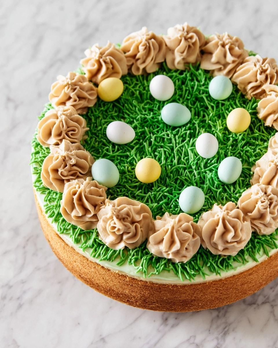 The image shows a round cake with three clear layers. The bottom layer is smooth and light brown in color, likely a crust or base. The middle layer is covered with bright green frosting shaped to look like grass, with a textured, curly design to mimic blades of grass. On top of the green frosting, there are small, round candy eggs in pastel colors like white, yellow, and light blue, scattered evenly around the surface. The top edge of the cake is decorated with thick swirls of light brown frosting, arranged in a neat ring around the cake. The cake sits on a white marbled surface. photo taken with an iphone --ar 4:5 --v 7
