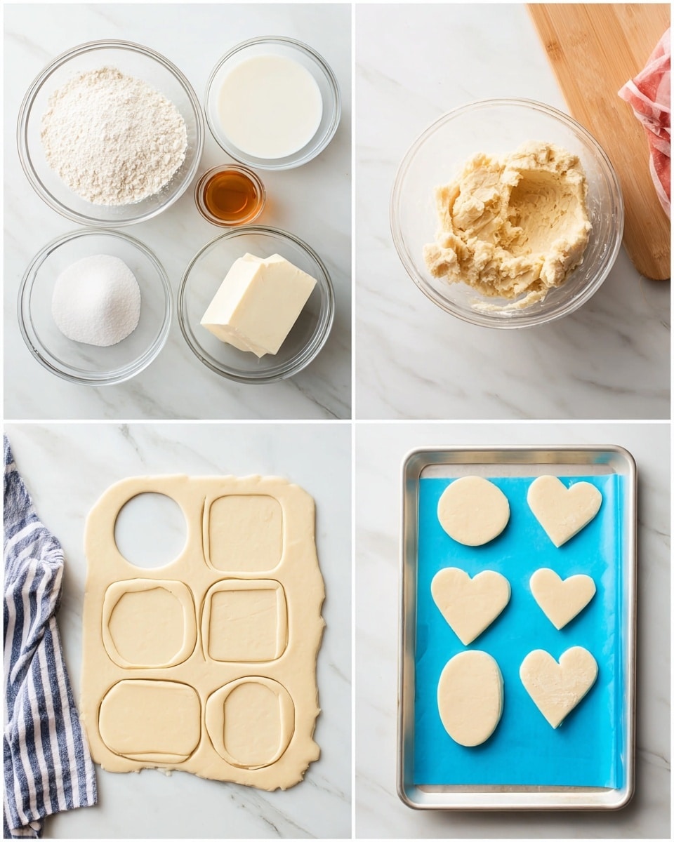 The image shows a four-step baking process on a white marbled surface. The first section displays ingredients in bowls and containers: white flour in a clear bowl, white sugar, salt, a white block of cream cheese in a glass bowl, an egg, vanilla extract, and a small white bowl of milk. The second section features a clear bowl with a creamy, light beige dough mixture, alongside a striped cloth to the left. The third section shows the dough rolled out flat on the white marbled surface, with shapes cut out, including two circles at the top, two squares in the middle, and two hearts at the bottom, with extra dough around them. In the last section, the cut dough shapes—a few circles, an oval, a heart, and a small oval—are placed on blue parchment paper on a white baking tray, with the edge of a wooden board visible at the top right, and a striped cloth nearby. Photo taken with an iphone --ar 4:5 --v 7