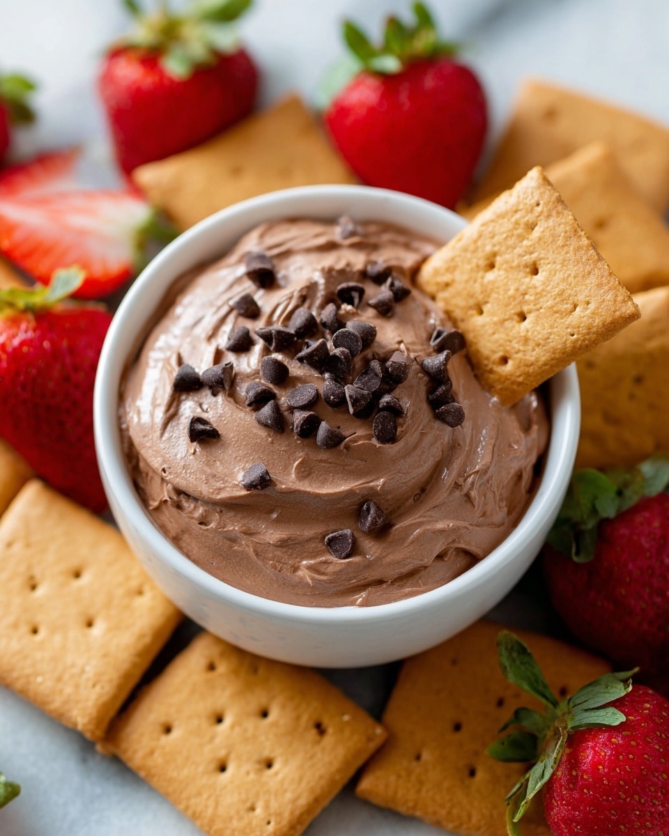 A small white bowl filled with creamy, smooth chocolate mousse topped with small dark chocolate chips scattered on top. Around the bowl, there are several golden brown graham cracker squares standing and slightly overlapping on a white marbled surface. Bright red strawberries with green leaves are placed around the bowl and crackers, some whole and some cut in half to show their juicy inside. The image has a fresh and inviting look. photo taken with an iphone --ar 4:5 --v 7