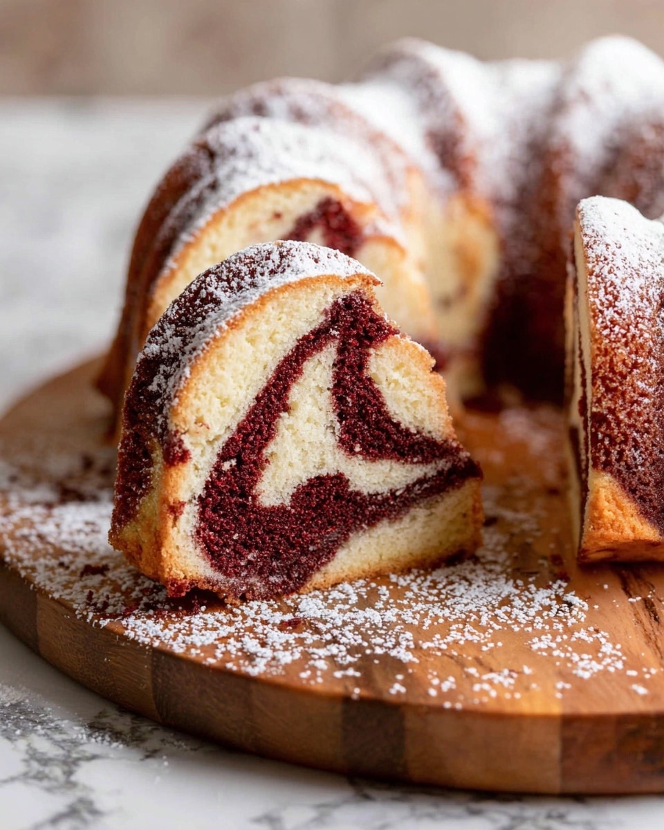A sliced bundt cake with two visible layers, one layer is light beige with a soft, smooth texture, and the other is a rich dark reddish-brown with a slightly crumbly texture. The reddish-brown layer swirls inside the beige layer, creating a marbled pattern throughout the cake. The cake is dusted with white powdered sugar on top, giving it a delicate, snowy look. It is placed on a round wooden board with some powdered sugar scattered around it. The background and surface have a white marbled texture. Photo taken with an iphone --ar 4:5 --v 7