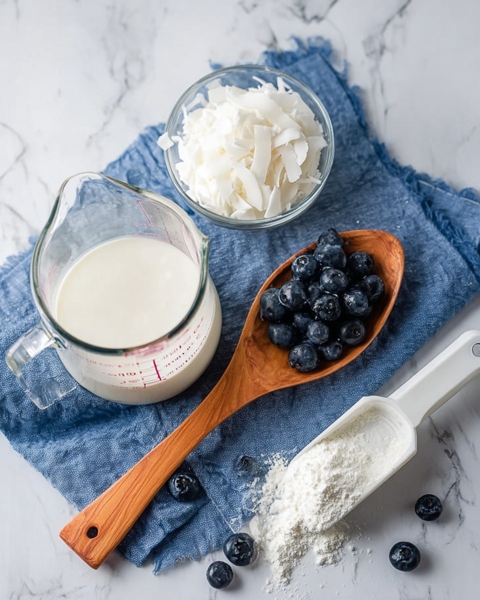 The image shows a wooden spoon placed on a blue cloth on a white marbled surface. On the wooden spoon, there are fresh dark blueberries and white coconut flakes. Beside the spoon, there is a small clear glass bowl filled with white creamy yogurt. Closer to the bottom, a clear measuring cup contains a light cream-colored liquid. Scattered blueberries are also seen on the surface near the spoon. A white plastic scoop with white powder is placed beside the spoon on the cloth. Photo taken with an iphone --ar 4:5 --v 7