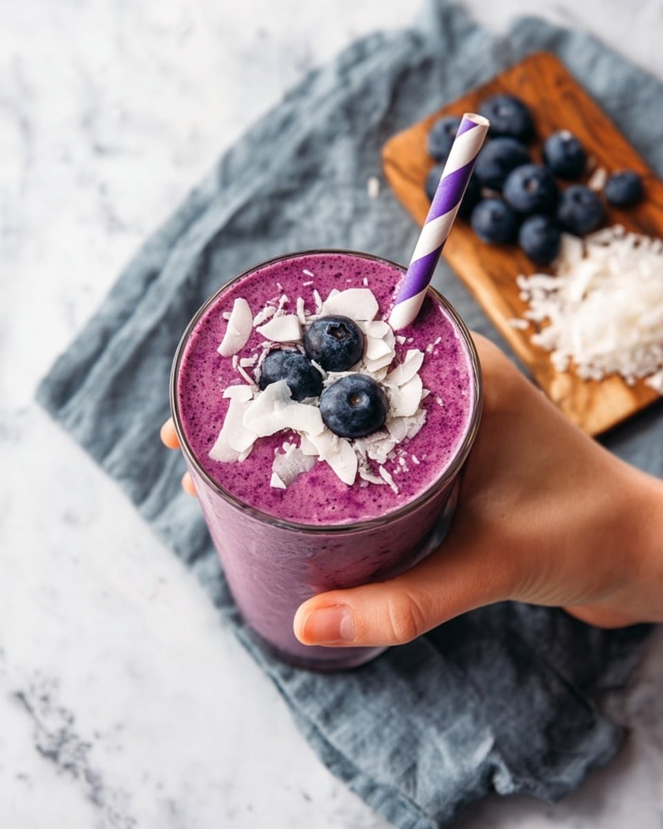 A purple smoothie is in a clear glass cup held by a woman's hand at the bottom right. The smoothie is smooth with a thick texture, topped with three fresh dark blueberries and several white coconut flakes scattered on top. There is a purple and white striped straw inserted into the smoothie. In the background, there is a wooden board with more blueberries and coconut flakes, placed on a gray cloth. The surface below is a white marbled texture. photo taken with an iphone --ar 4:5 --v 7