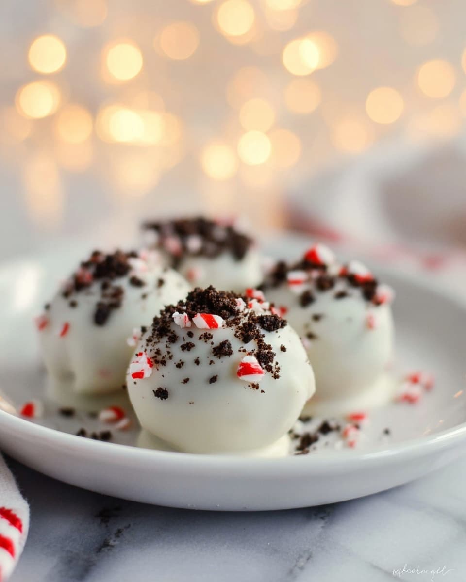 A white plate holds a few round dessert balls covered in smooth white coating. Each ball is topped with small pieces of crushed dark brown cookie crumbs and red and white candy cane bits, giving a contrast of colors. The background is soft white marble, with blurred warm cream lights creating a cozy feeling. Photo taken with an iphone --ar 4:5 --v 7