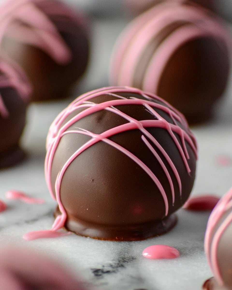 A close-up view of a smooth round chocolate ball with a thin layer of shiny dark brown chocolate as the base layer, sitting directly on a white marbled surface. The chocolate ball is decorated with thin, uneven pink lines of icing drizzled diagonally across the top, creating a striped pattern. In the background, there are more similar chocolate balls with the same two-layer look, slightly out of focus, lined up in a soft diagonal arrangement. Small drops and smears of pink and dark chocolate are visible around the base of the front chocolate ball. photo taken with an iphone --ar 4:5 --v 7