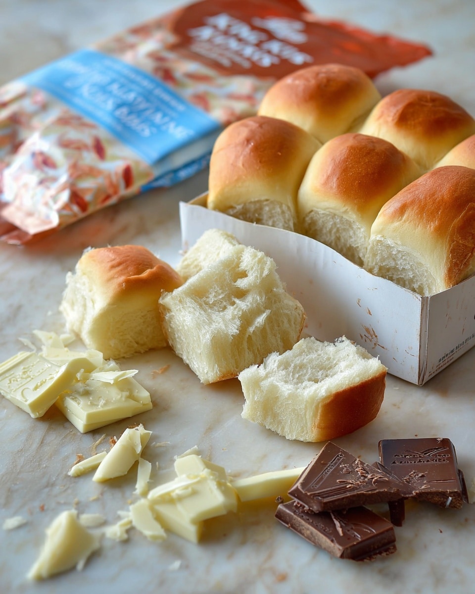 The image shows a white package of King's Hawaiian sweet rolls on a white marbled surface. Next to the package is an open white box with several round sweet rolls inside. In front of the box are a few sweet rolls, some whole and some cut into smaller pieces, showing their soft, light beige inside and smooth, slightly browned top. On the surface near the bread are uneven chunks of white and dark chocolate, with the chocolates showing smooth textures and faint engraved patterns. The scene is softly lit, creating a warm and inviting feel. Photo taken with an iphone --ar 4:5 --v 7