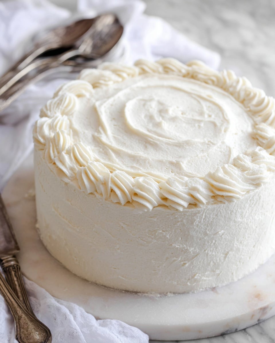 A round, three-layer cake is covered evenly with smooth, creamy white frosting that has soft, wavy swirl patterns on the top and sides. The cake sits on a white marbled board, and in the background, there are vintage silver utensils and a white cloth, all placed on a white marbled surface photo taken with an iphone --ar 4:5 --v 7