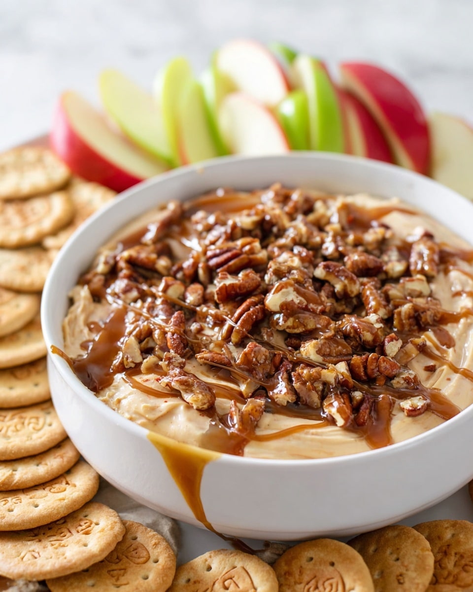 A white bowl filled with a creamy light tan dip as the base layer, topped with a generous layer of chopped pecans that are brown with rough texture. On top of the nuts, a glossy caramel sauce is drizzled unevenly, adding a warm amber color with a smooth texture. Around the bowl, there are slices of red and green apples standing vertically in the background, showing smooth skin and pale flesh, and a pile of round light brown biscuits with stamped patterns on the left side. The whole setup rests on a white marbled surface. Photo taken with an iphone --ar 4:5 --v 7