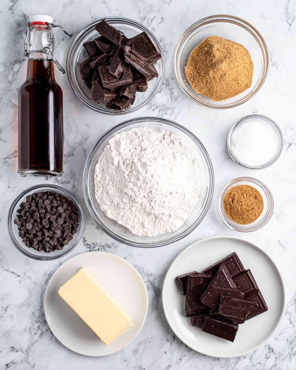 The image shows several clear glass bowls and a white plate arranged on a white marbled surface. In the center, there is a medium glass bowl filled with white flour. To its upper right, a small glass bowl holds a small amount of white solid fat, while below it another small glass bowl contains light brown sugar. Above the flour bowl, a medium glass bowl is full of broken pieces of dark chocolate. To the left of the flour bowl, there is a small glass bowl filled with dark chocolate chips. Below this bowl, a stick of butter rests on the surface. On the bottom right, a white plate holds several square pieces of dark chocolate neatly stacked. In the top left corner, a tall glass bottle with a flip-top cap contains a dark brown liquid. All items are neatly arranged and clearly visible. Photo taken with an iphone --ar 4:5 --v 7