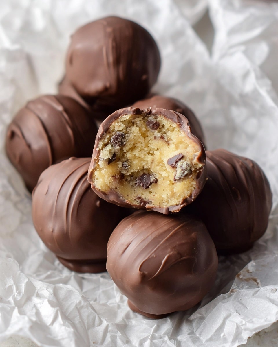 The image shows a group of round chocolate-covered balls resting on crinkled, translucent white paper. One ball is in the front and has a bite taken out of it, revealing a crumbly, light yellow inside mixed with small dark brown chocolate pieces. The outer chocolate layer is smooth with some slight swirls and imperfections. The balls are placed closely together, creating a cozy cluster. The background is a white marbled texture. photo taken with an iphone --ar 4:5 --v 7