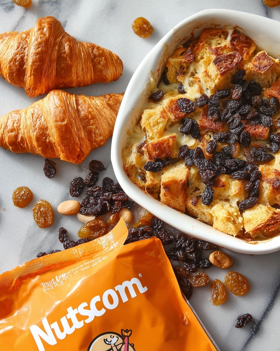 A white baking dish filled with bread pudding made of golden-brown croissant pieces soaked in a creamy mixture, topped with dark, shiny raisins scattered evenly on top. Beside the dish are two whole golden croissants placed on a white marbled surface, along with a handful of loose dark raisins spread around. An orange snack bag with the text