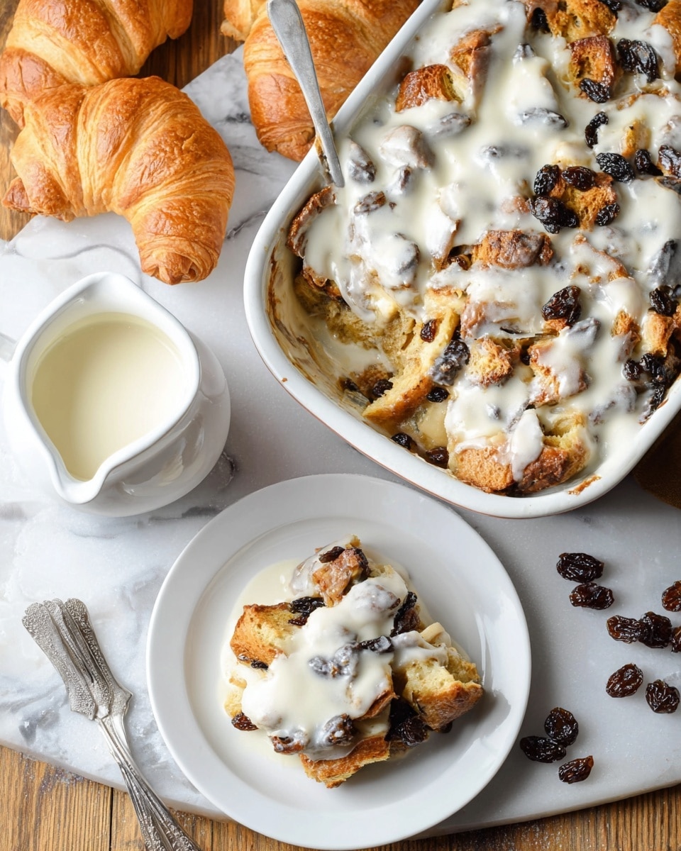 The image shows a white baking dish filled with a layered bread pudding covered in a thick, white cream sauce. The bread pieces are golden-brown with a soft texture, mixed with dark raisins. A portion of the pudding is served on a small white plate next to the dish, also topped with the white cream. Nearby, there is a white jug of cream with a silver spoon inside, some croissants, and dark raisins scattered on a white marbled surface. The scene is bright and cozy, photo taken with an iphone --ar 4:5 --v 7