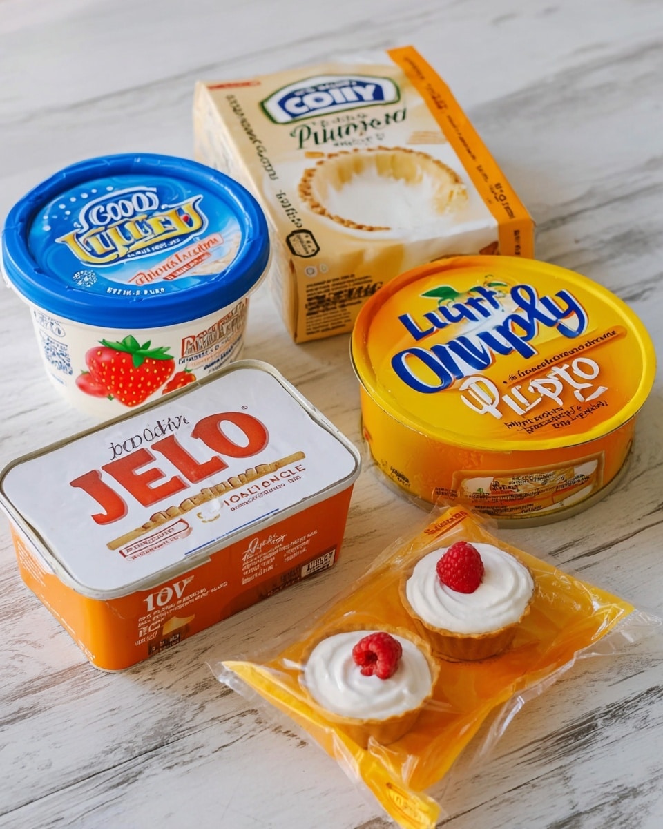 The image shows four ingredients placed on a white marbled surface: a round container of Cool Whip with a blue and white lid featuring a strawberry image, a box of JELL-O vanilla instant pudding with cream-colored packaging and red and green labels, a can of Libby's 100% Pure Pumpkin with bright yellow and orange labeling, and a pack of six mini graham cracker pie crusts wrapped in plastic with bright yellow and orange packaging showing a small pie topped with white filling and a raspberry. Photo taken with an iphone --ar 4:5 --v 7