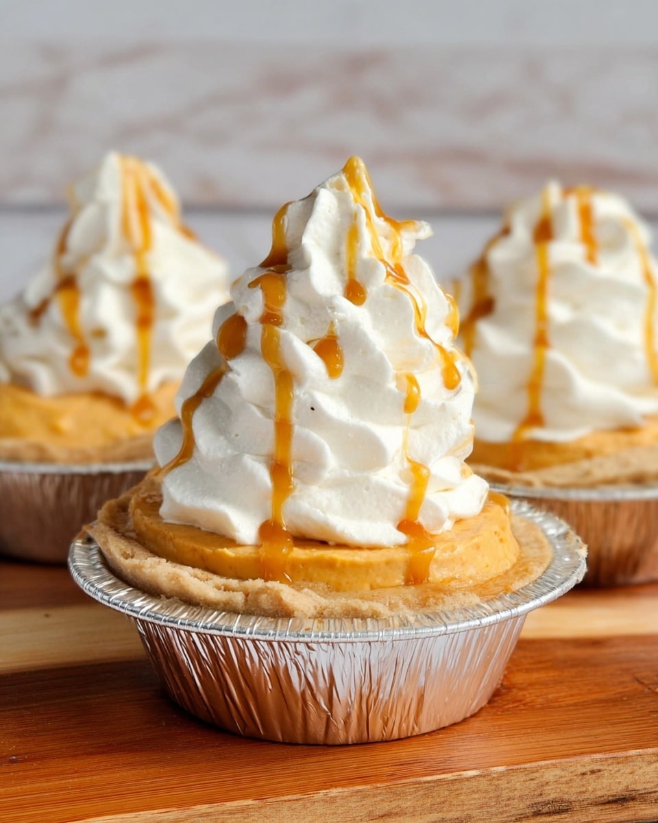 This image shows three small pies in silver foil containers placed on a wooden board and white marbled surface. Each pie has two main layers: the bottom layer is a thick, light orange filling with a smooth and slightly textured surface, while the top layer is a tall swirl of white whipped cream that peaks sharply at the top. The whipped cream is drizzled with golden caramel sauce that flows down the sides in thin lines. The pies are arranged in a diagonal line from front to back, with the closest pie in sharp focus and the others softly blurred. Photo taken with an iphone --ar 4:5 --v 7