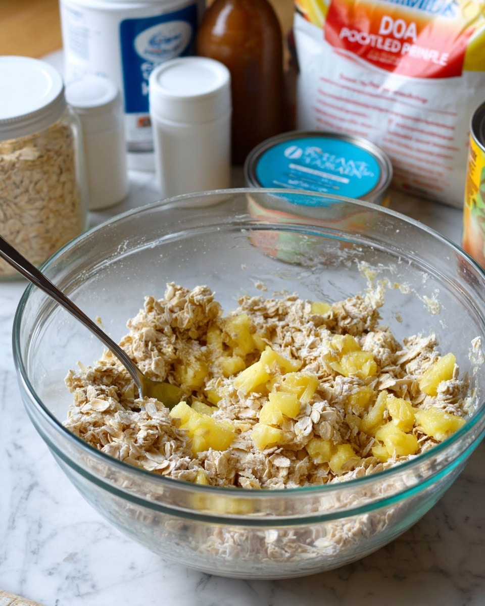 The image shows a clear glass bowl filled with a mixture made of light beige oats and small yellow chunks of crushed pineapple, giving it a rough and chunky texture. A silver spoon is partially buried in the bowl's content on the left side. Behind the bowl, there are several recipe ingredients, including a white container with a blue lid, a brown bottle with a white label, a white bag with red and orange, a blue and beige oatmeal container, and an open can of crushed pineapple, all placed on a white marbled surface. The whole scene is brightly lit and homely. photo taken with an iphone --ar 4:5 --v 7