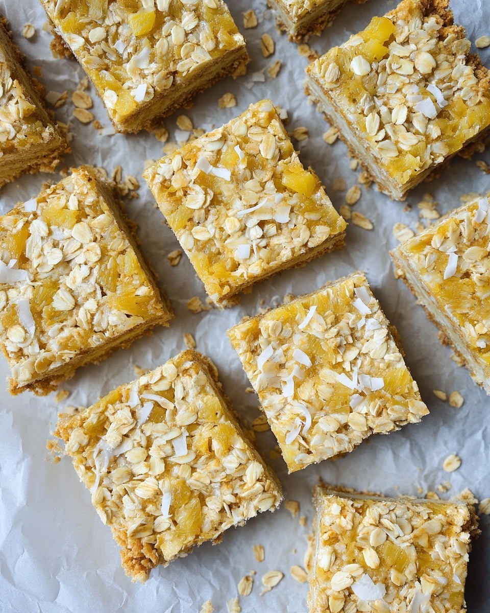 The image shows nine square oat bars placed on crumpled parchment paper over a white marbled surface. Each bar has two visible layers: a bottom layer that looks soft and light-colored, and a top layer made of oats mixed with small yellow pineapple chunks and white coconut flakes, giving a rough, textured look with a mix of yellow, beige, and white colors. The oat layer covers the whole top surface of each bar with some oats scattered around the bars on the parchment. The bars are arranged in a somewhat neat grid, with small gaps between them. Photo taken with an iphone --ar 4:5 --v 7