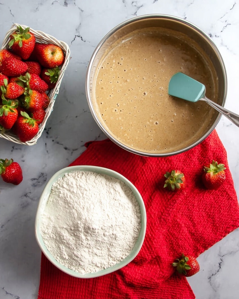 Two bowls sit on a red cloth on a white marbled surface. The larger metal bowl on the top right contains light brown batter with small bubbles and a blue spatula resting inside. Below and to the left, a white bowl holds white flour with a silver spoon. Fresh red strawberries with green leaves are scattered around and a small white basket with more strawberries is placed on the upper left side. Photo taken with an iphone --ar 4:5 --v 7