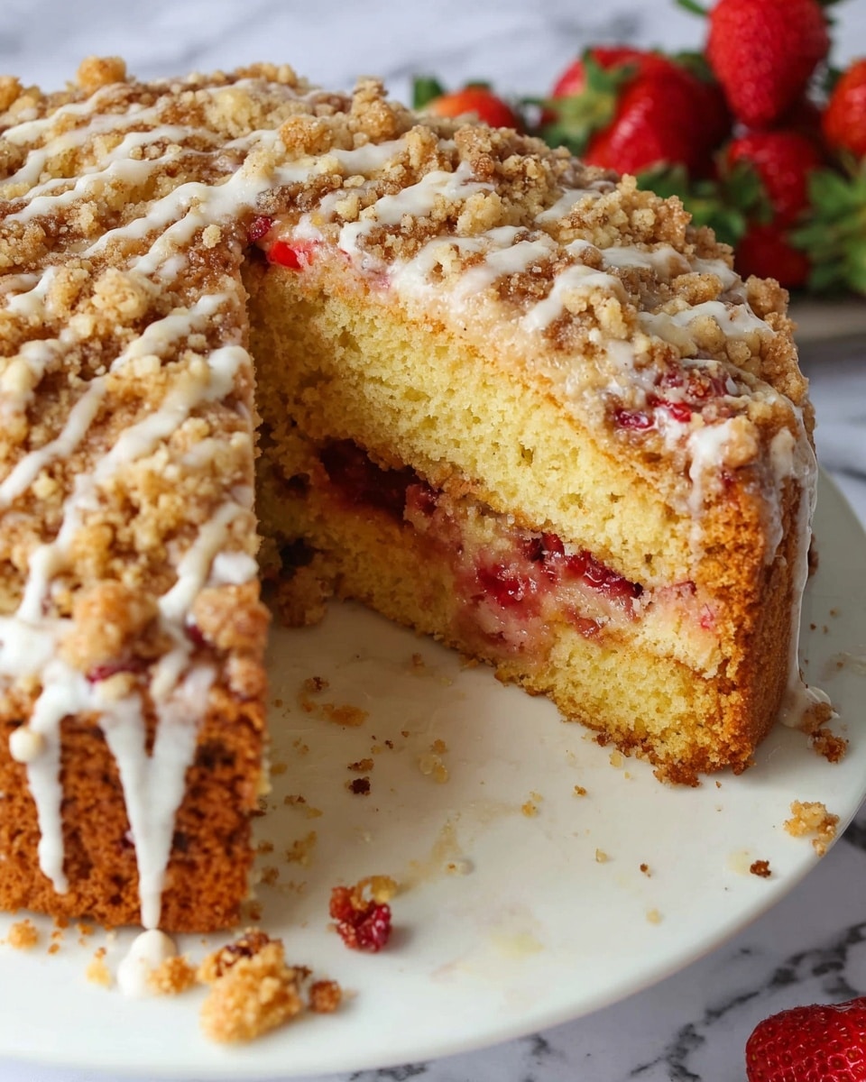 A close-up image of a round cake on a white plate showing one large slice removed. The cake has three layers: a golden crumbly bottom layer with bits of red strawberries inside, a middle soft yellow sponge layer, and a top thick layer of crumbly streusel with white icing drizzled over it. Crumbs and bits of red fruit are scattered on the plate around the cake. Fresh strawberries with green leaves are placed beside the plate. The background is a white marbled texture. photo taken with an iphone --ar 4:5 --v 7