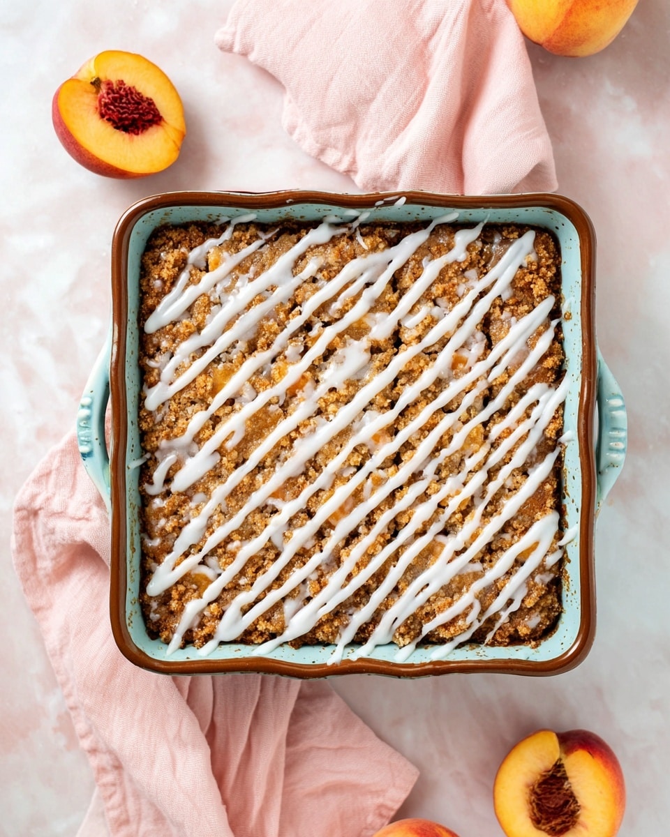 The image shows a square baking dish with a brown outer edge and light blue inside, filled with a dessert that has three visible layers. The bottom layer is dark brown, the middle layer is a crumbly golden brown topping, and the top layer is a white icing drizzled in a crisscross pattern. The dish is placed on a soft pink cloth on a white marbled surface, with two peach halves nearby, one whole peach on the left and one half with the pit visible on the right. Photo taken with an iphone --ar 4:5 --v 7