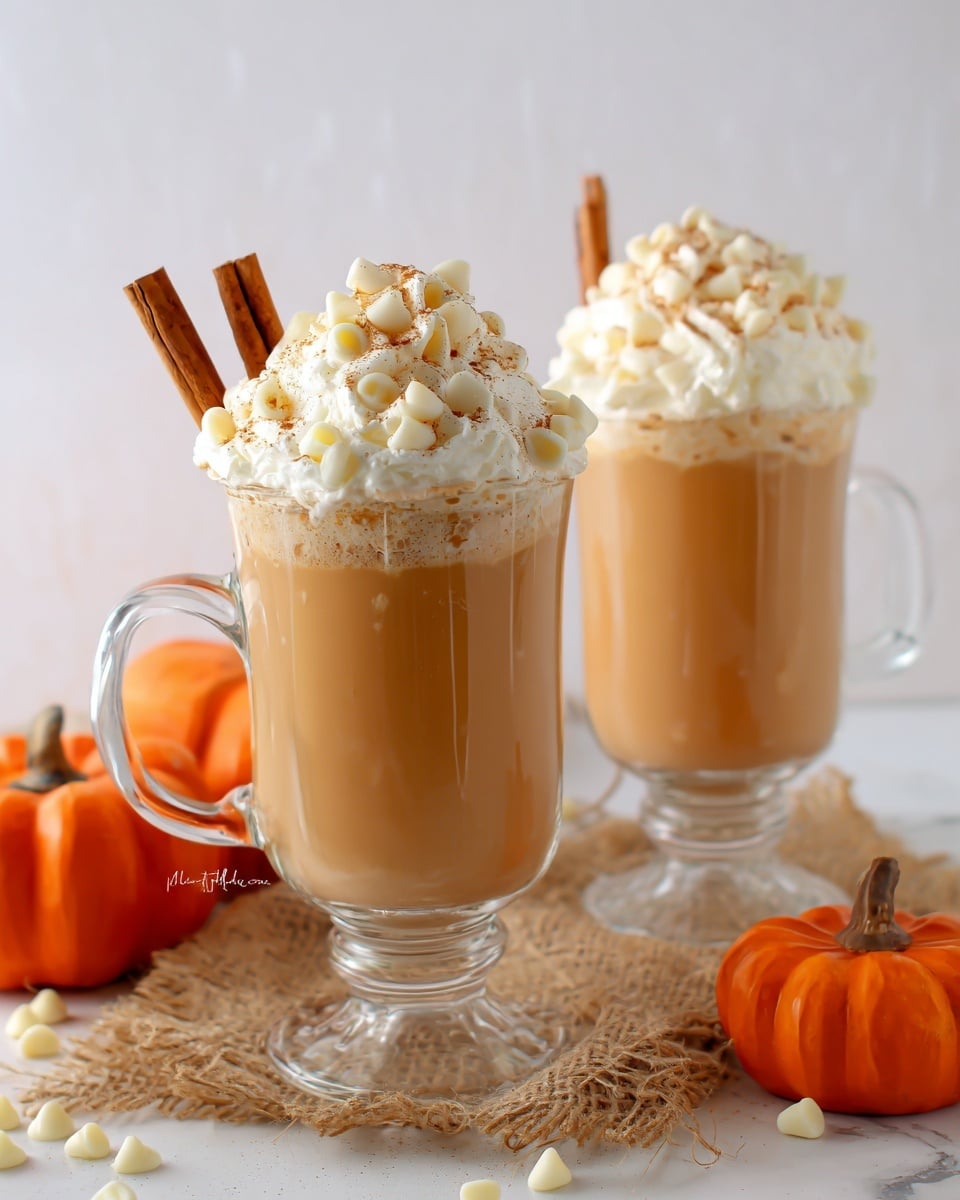 The image shows two tall clear glass mugs filled with creamy caramel-colored pumpkin spice latte. Each mug is topped with a thick layer of white whipped cream sprinkled with light brown cinnamon powder and white chocolate chips. A cinnamon stick is placed leaning inside each whipped cream top. The mugs are set on a white marbled surface with a piece of beige burlap underneath. There are small bright orange pumpkins placed around the mugs. The background is a soft neutral color blending gently with the scene. photo taken with an iphone --ar 4:5 --v 7