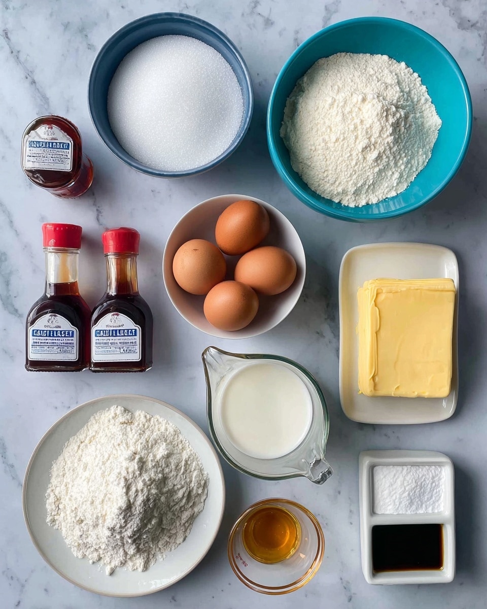 A top-down view of various baking ingredients arranged on a white marbled surface. There is a blue bowl filled with white granulated sugar at the top center, and next to it on the right is another blue bowl full of white flour. On the lower left side, a white plate holds a mound of fine white powdered sugar. In the middle, two small glass bottles of red coloring and vanilla essence stand upright. A white bowl with three brown eggs is to the right of the bottles, and beside it is a clear glass measuring cup filled with white milk. At the bottom right, a white bowl contains a slab of yellow butter. Small white divided dish contains two white powders in separate compartments at the center bottom. A transparent container with golden honey and a small green measuring cup with dark liquid complete the setup. photo taken with an iphone --ar 4:5 --v 7