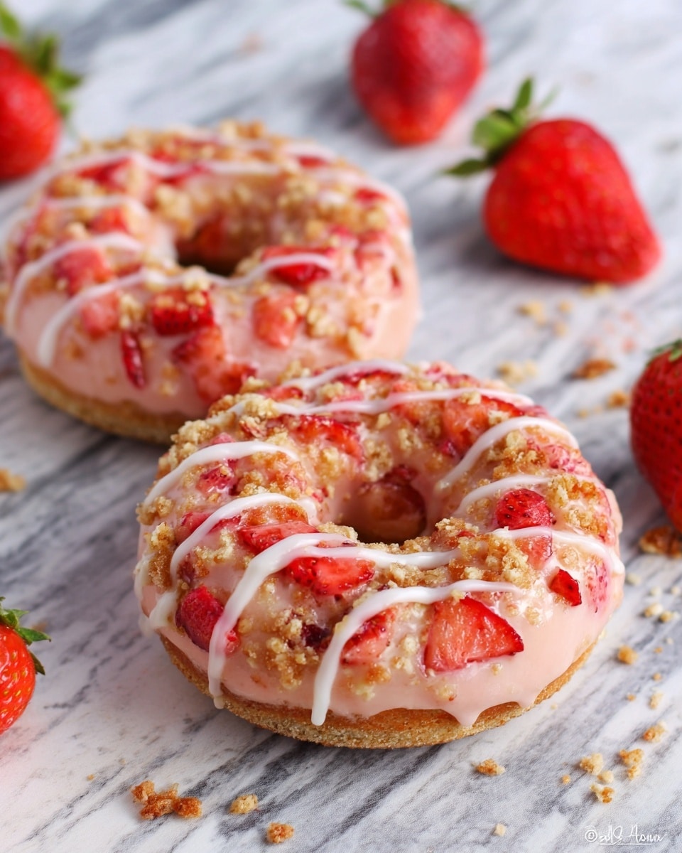 The image shows two strawberry donuts on a white marbled surface with raw strawberries scattered around them. Each donut has a light pink cake base with chopped red strawberries and crumbled brown streusel topping, with a white glaze drizzled over the top in thin lines. The donuts have a soft texture, with the bright red of the strawberries contrasting against the pale pink and white colors. Photo taken with an iphone --ar 4:5 --v 7