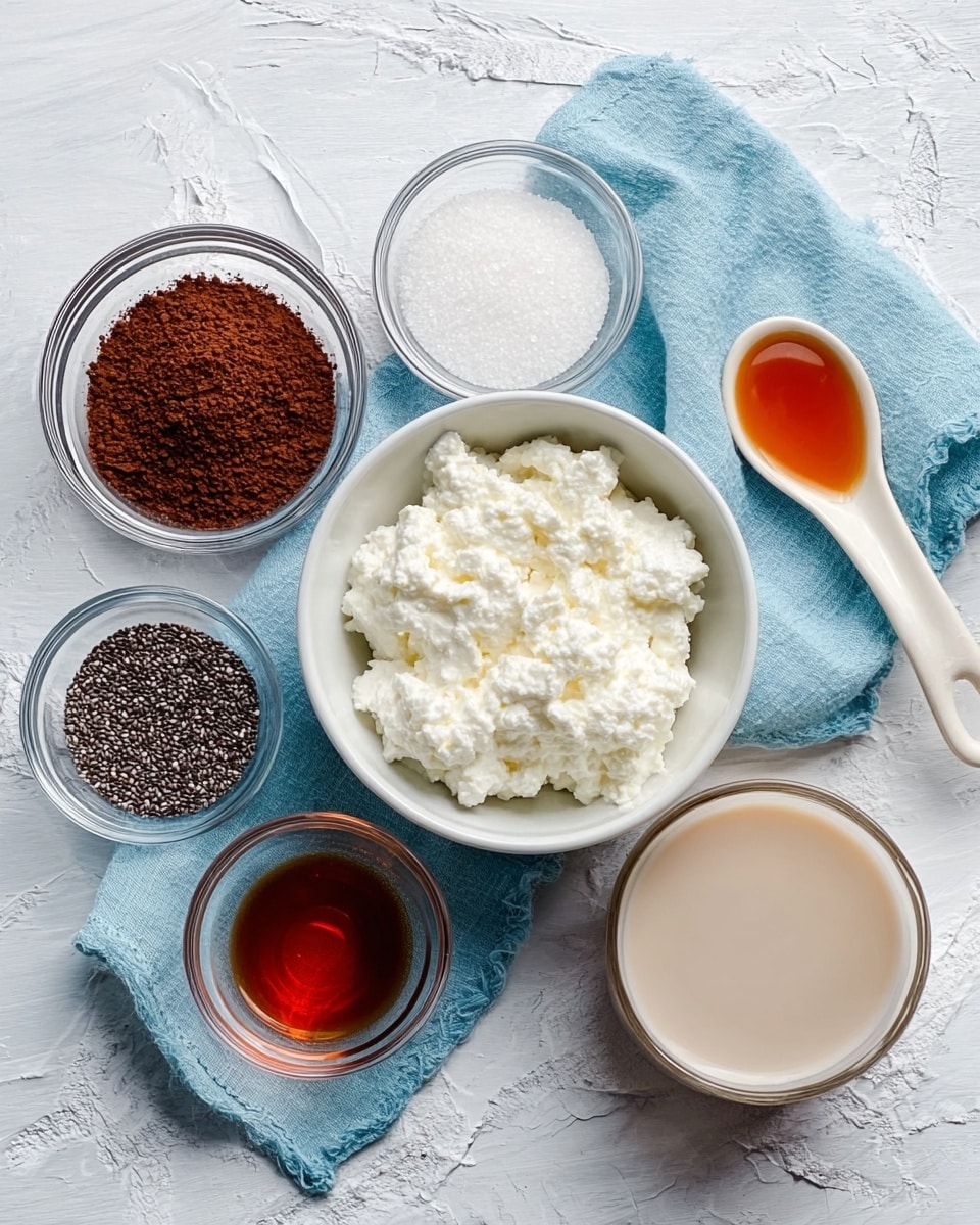 The image shows six small containers with different ingredients placed on a white marbled surface with a light blue cloth underneath some of them. In the center, there is a white bowl filled with thick, white cottage cheese that has a lumpy texture. Around it, clockwise from top left, there is a clear glass bowl with dark brown cocoa powder, a clear glass bowl with white granulated sugar, a small white bowl filled with black chia seeds, a white ceramic spoon holding reddish-brown liquid vanilla extract, and lastly, a clear glass bowl containing creamy beige liquid almond milk. Photo taken with an iphone --ar 4:5 --v 7