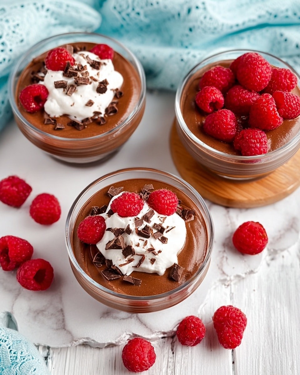 Three clear glass bowls of smooth dark brown chocolate mousse are placed on a white marbled surface. Two bowls have a thick dollop of white whipped cream on top, sprinkled with small chunks of dark chocolate and surrounded by bright red raspberries. The third bowl is topped with raspberries and chocolate chunks without whipped cream. Scattered fresh raspberries sit around the bowls, some on a soft light blue cloth with lace edges and one on a small wooden board under one bowl. photo taken with an iphone --ar 4:5 --v 7