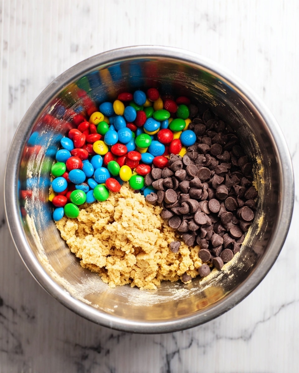 A metal bowl sits on a white marbled surface filled with three layers of ingredients that are not mixed. On the bottom layer is a beige, soft, crumbly dough. On top, the left side is covered with small colorful candy-coated chocolates showing red, blue, green, yellow, and orange colors. The right side has dark brown, smooth, round chocolate chips piled loosely. The bowl’s inner edges show some smears of the dough. Photo taken with an iphone --ar 4:5 --v 7