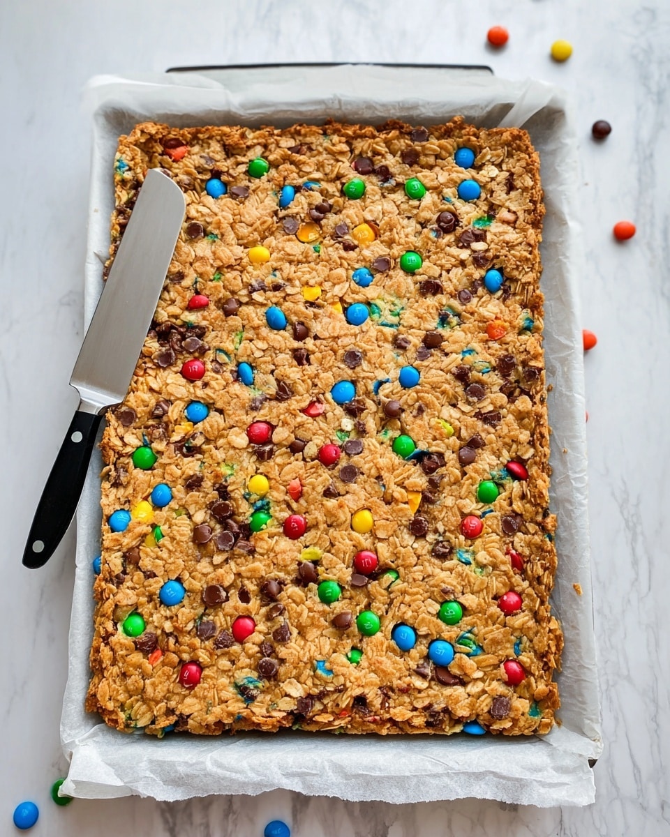 A large rectangular oatmeal bar is shown on white parchment paper on a baking sheet. The bar is golden brown with a rough, grainy texture from the oats and is studded all over with small, colorful candy-coated chocolate pieces in red, blue, green, yellow, and orange, along with darker chocolate chips. The edges of the bar are slightly darker and crispier. To the left side on the baking sheet lies a knife with a black handle and silver blade resting over the parchment paper. The whole scene is set on a white marbled surface scattered with a few candy pieces. photo taken with an iphone --ar 4:5 --v 7
